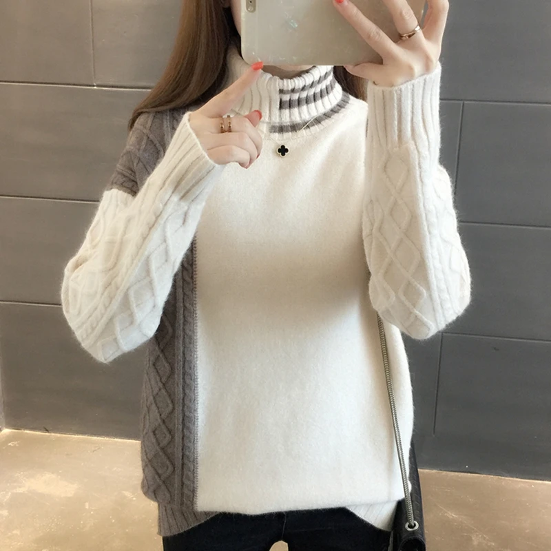 

New autumn and winter clothes women's plus velvet thick turtleneck sweater women's loose outer wear base shirt autumn and winter