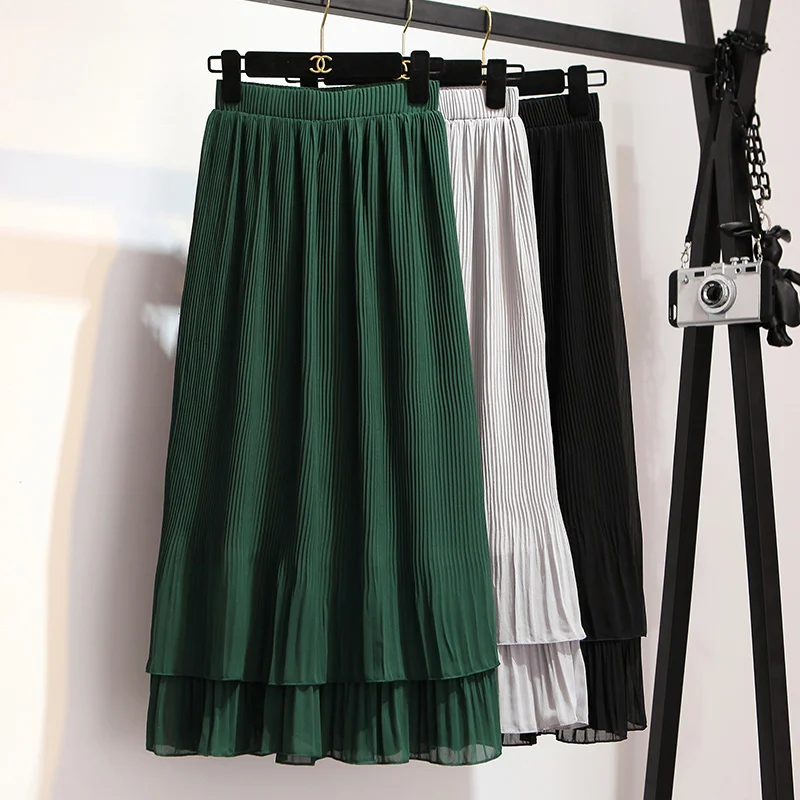 

Stinlicher Korean Ruffles Maxi Skirt Pleated Chffion Long Skirts Womens Summer Style Gray Green Black Skirt