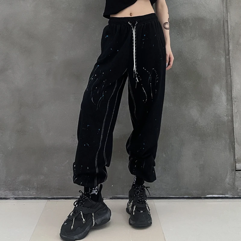 

[EAM] High Elastic Waist Black Printed Long Harem Trousers New Loose Fit Pants Women Fashion Tide Spring Summer 2021 1DD9319