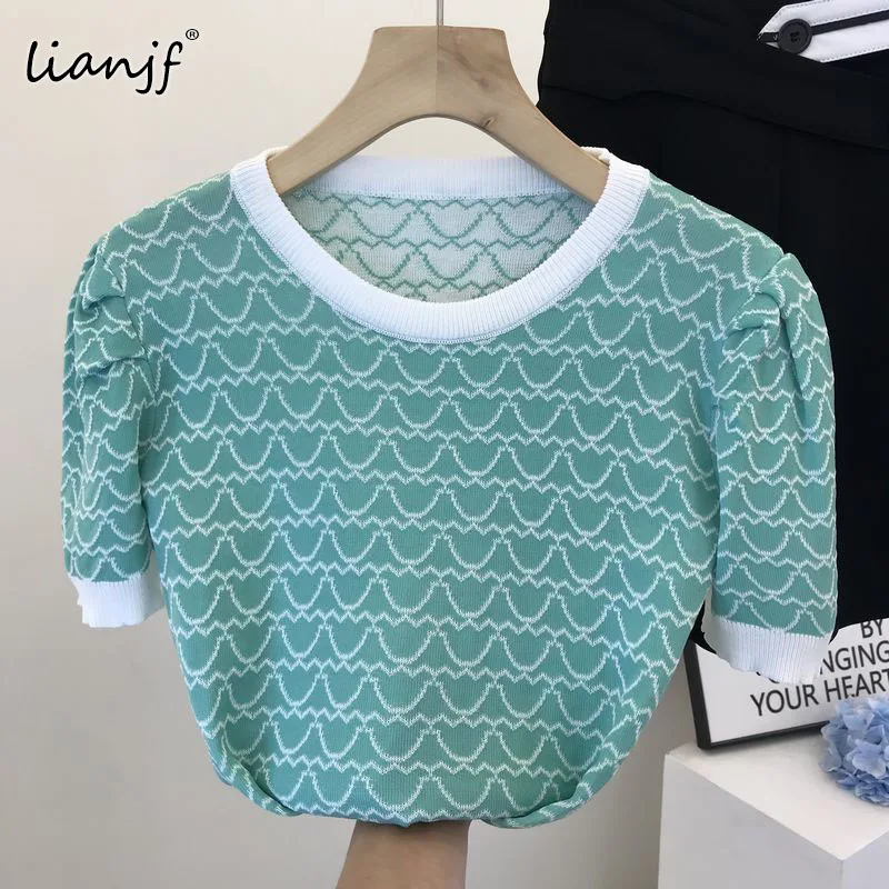

Summer O-neck Thin Knitted Sweater Women Print Tee Shirt Loose Casual Korean Plaid Color Matching Chic Puff Sleeve Sweet T-shirt