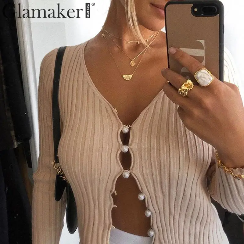 Glamaker, вязанная короткая блузка с v-образным вырезом, женская элегантная облегающая блуза на пуговицах с длинным рукавом, женские вечерние блузки на осень и зиму
