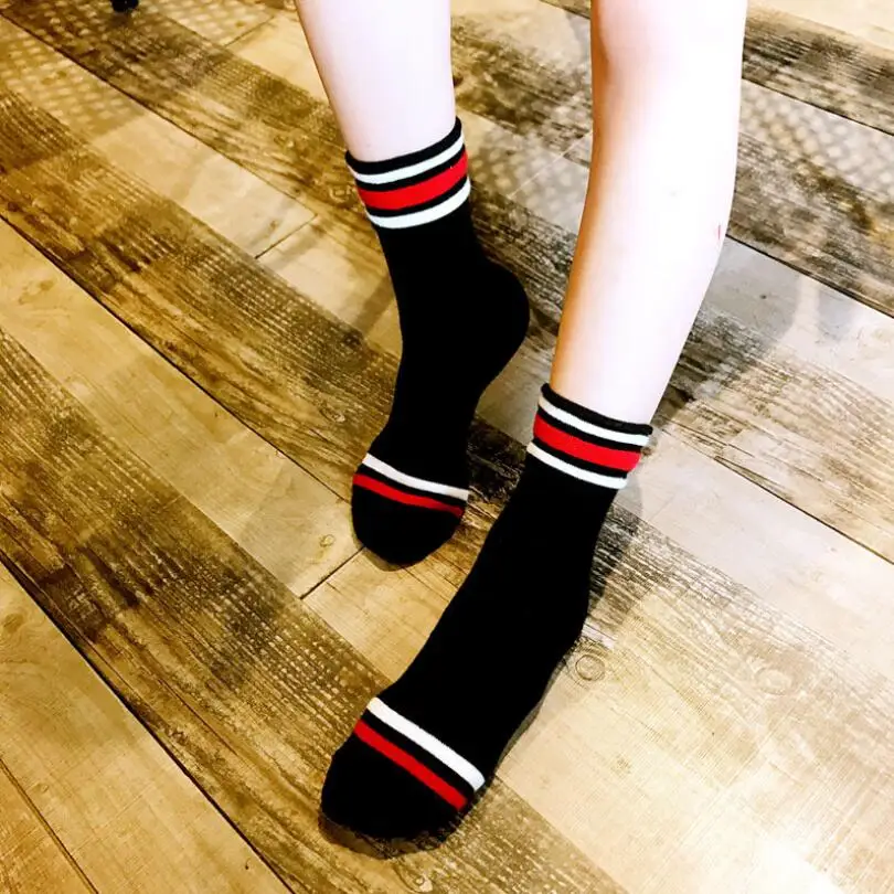Woman Solid Cotton Socks Striped Cuff Girls Stripes White Sport Socks Warm Thick Winter Short Sock Ankle Socks 5 Pairs/ lot