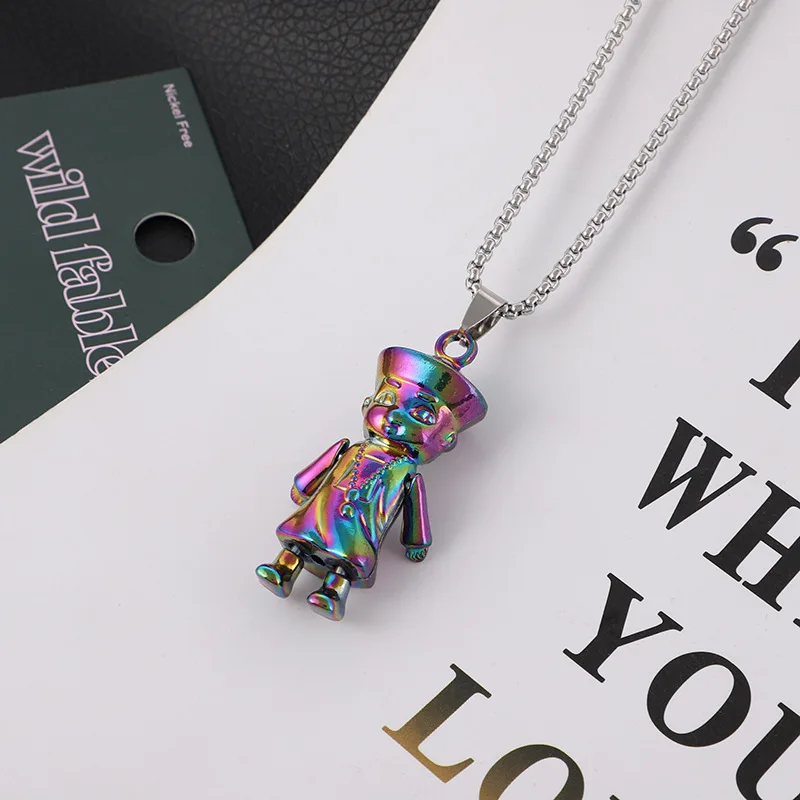

2021 New Male Punk Hip-hop Hipster Necklace The Colorful Fire Small Zombie Pendant Goth Chain Necklace Cuban Link Chain