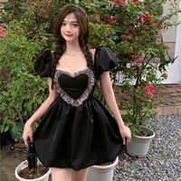 2021 summer japanese gothic dress french puff sleeve square neck mesh love puffy dress korean casual black party lolita dress