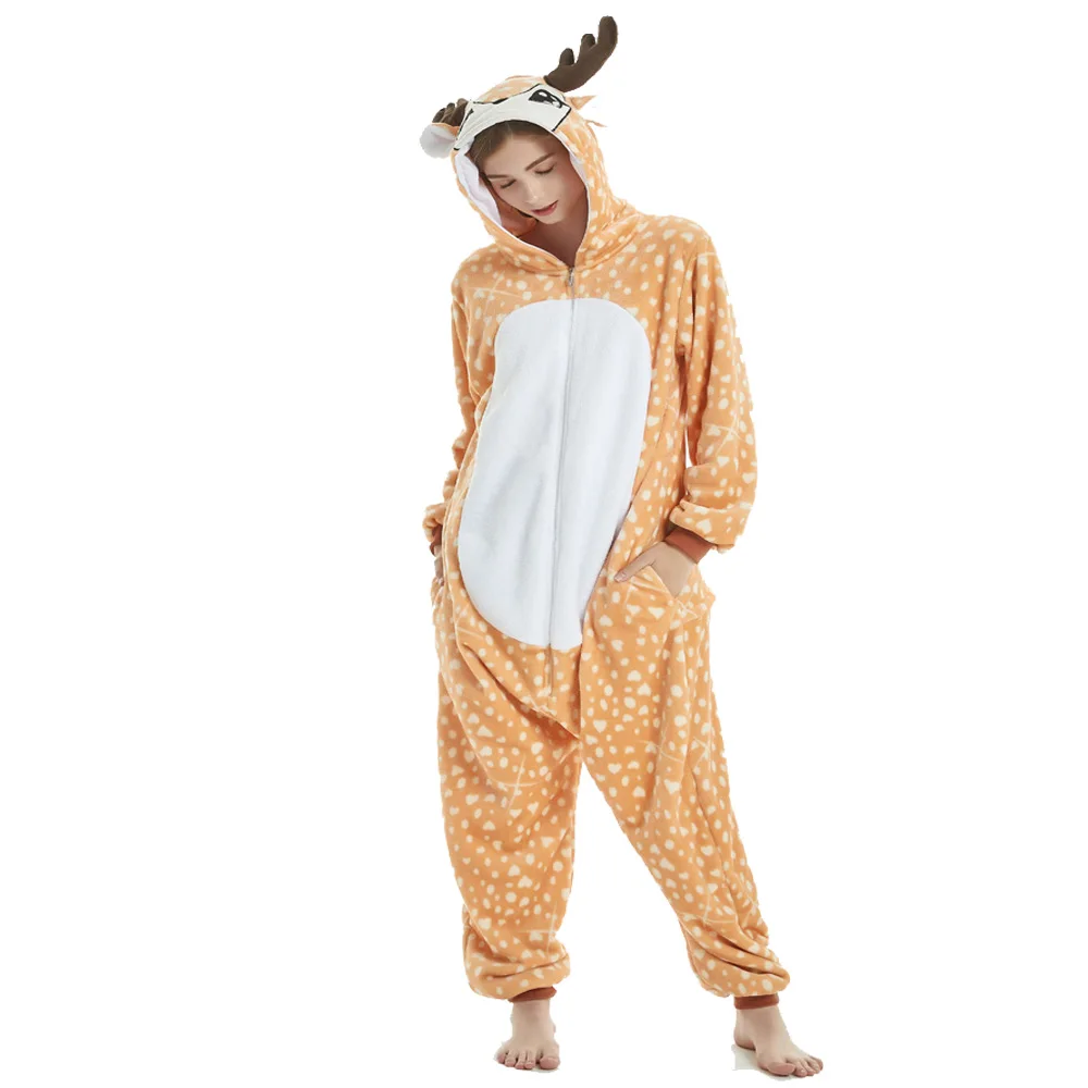 

2020 Women Kigurumi Deer Pajamas Sets Flannel Cute Animal Pajamas kits Women Winter unicornio Nightie Pyjamas Sleepwear Homewear