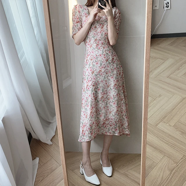 

Floral Chiffon Midi Spring Summer Clothes Dress For Women'S Vetement Femme 2021 Sukienka Sundress Vintage Casual Dress Female