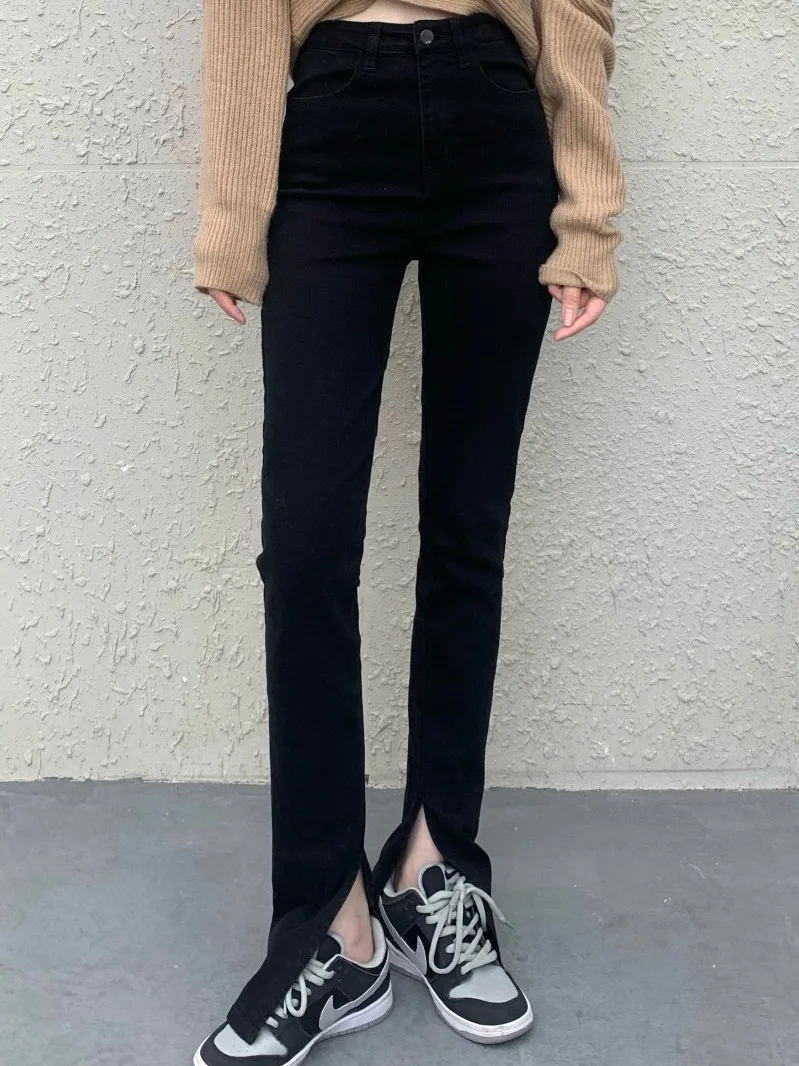

2021 Split High Waist Straight Slim Jeans Woman Spring Autumn Black Ins Tide Mom Denim Clothing Fashion Tight Women's Trousers