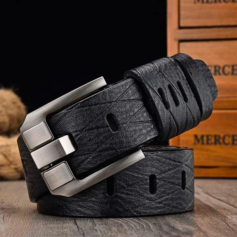 [LFMB]Cow Genuine Leather Luxury Strap Male Belts for Men New Large Plus Size100-160cm Vintage Pin Buckle Men Belt High Quality