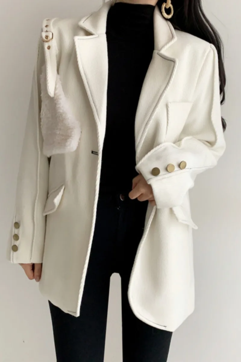 

2021 New Korean Chic Autumn/winter Ladies Loose-fitting Wool Suit Coat Single-breasted Suit Jacket Women Solid Color Blazers