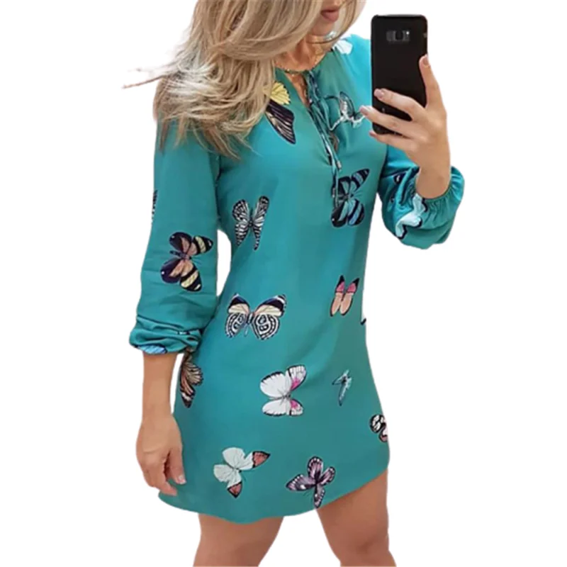 

Sweet Butterfly print Women Dress Plus size Fashion Casual Lantern Sleeve V-Neck Thin Mini Dress 2021 New Autumn Dress Vestidos