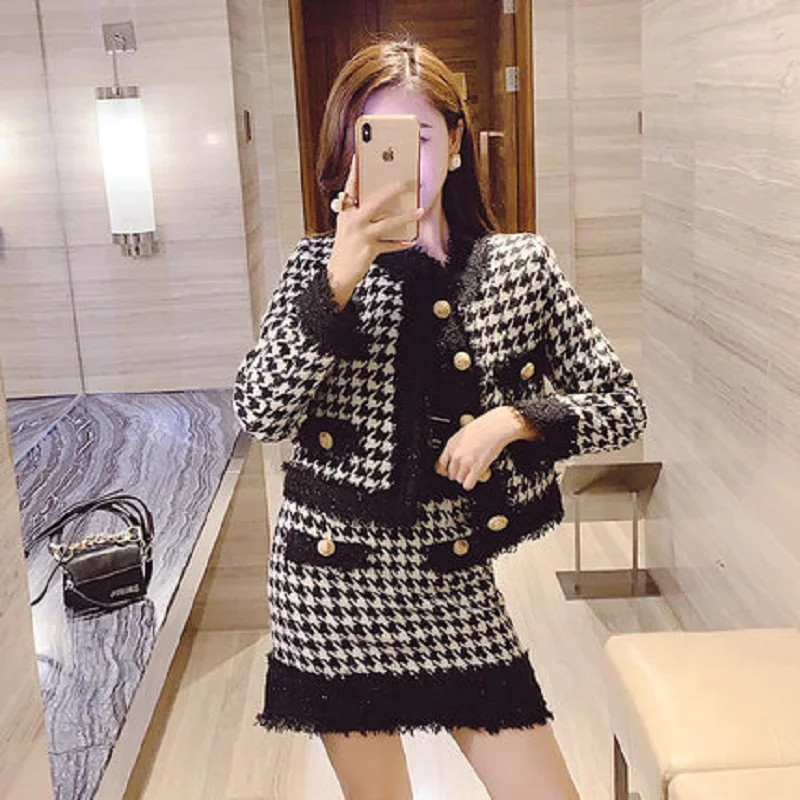 

Two Piece Skirt Set Single-breasted Plaid knitting Tops Korean Clothing Short Skirt Fashion 2021 Irregular Collar Woman Suit