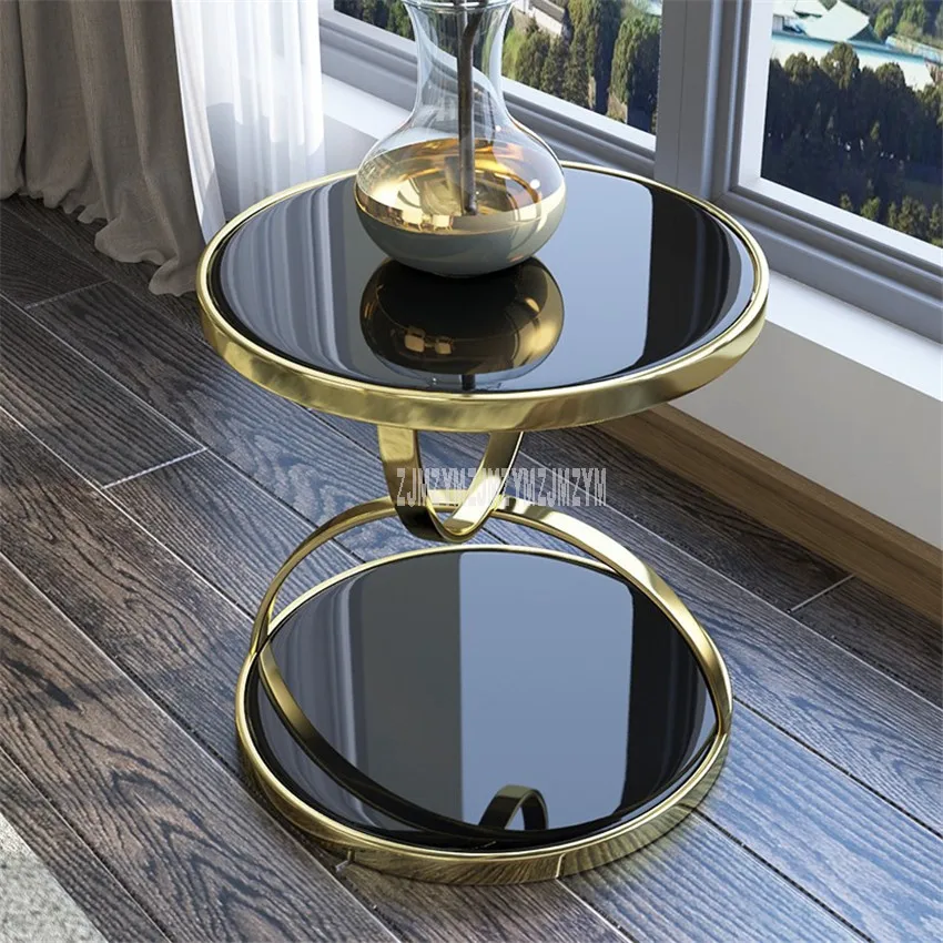 

Nordic Luxury Gold Round Tea Table Double Layer Iron Frame Toughened Glass Living Room Sofa Side Bedside Balcony Leisure Table