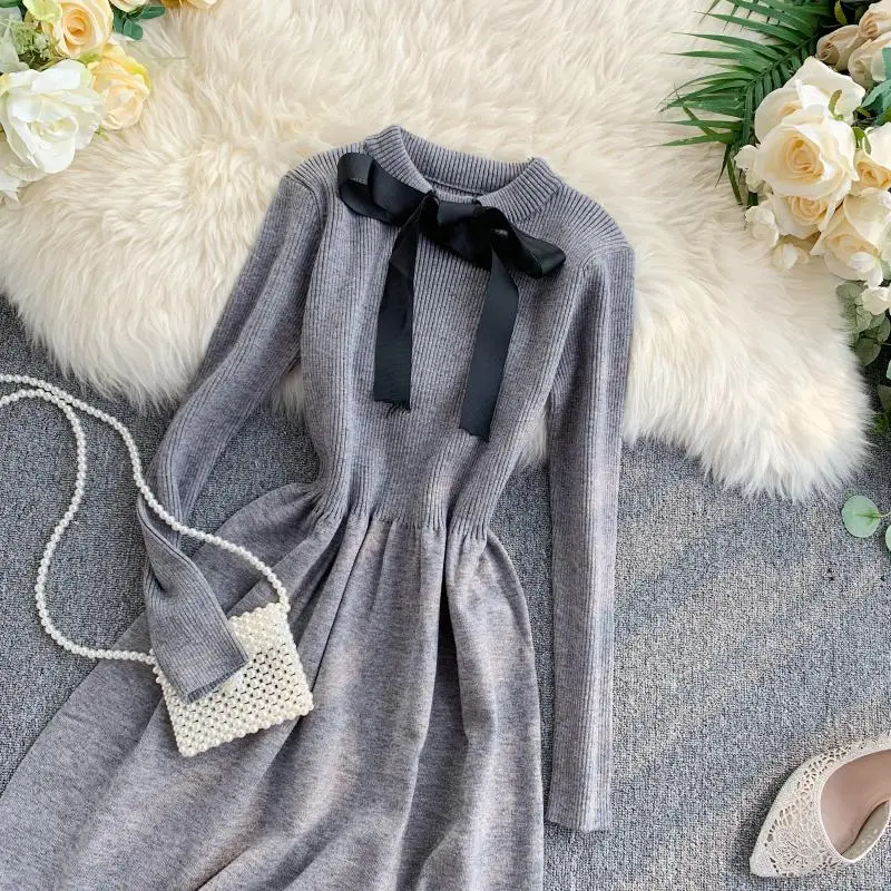 ALPHALMODA осеннее трикотажное платье с длинными рукавами и галстуком-бабочкой, милое женское платье с тонкой талией в консервативном стиле, трикотажное платье