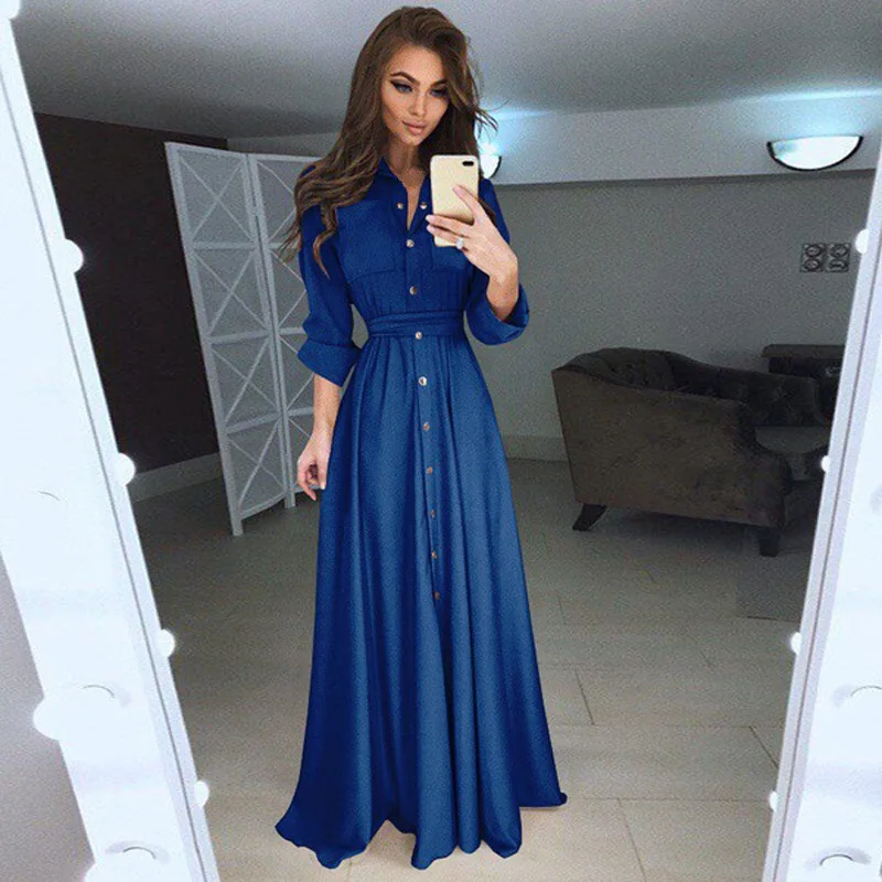 

2021 Autumn and Winter Women Long Dress Casual Long Sleeve Slim Dress Ladies Fashion Botton Maxi Long Dress