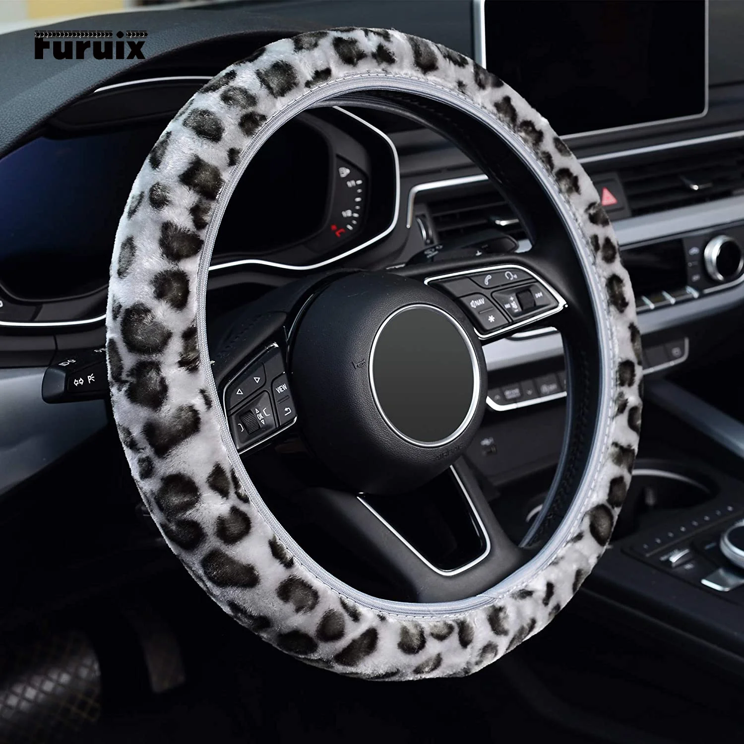 Steering Wheel Cover for Women Fuzzy Leopard Auto Accessories Interior for Girl Universal Warm Winter Fur Plush