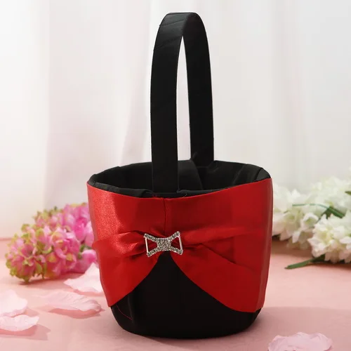 

25CM Classic Flower Basket in Black Color Satin With Rhinestones and Red Ribbons