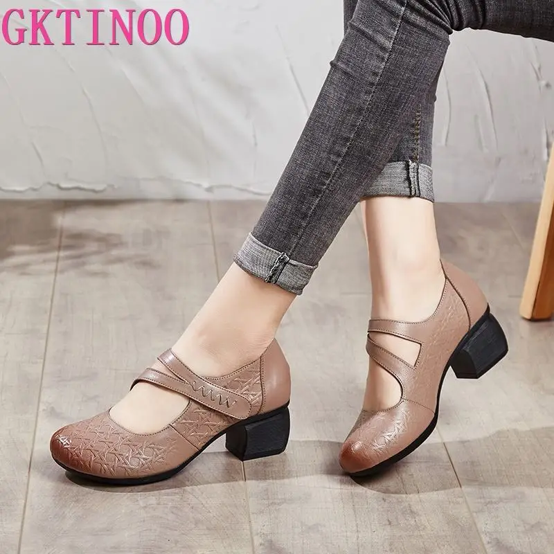 

GKTINOO 2022 Vintage Women Pumps Comfortable Genuine Leather High Heel Shoes Women Round Toe Casual Thick Heel Mother Shoes