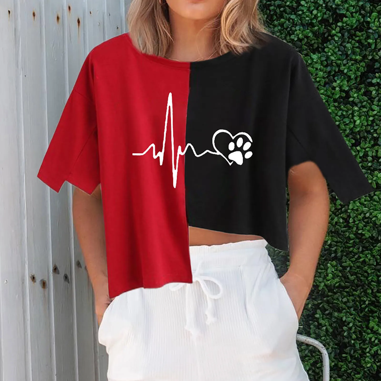 

Женские топы 40 # с рисунком сердцебиения, лоскутные Футболки с коротким рукавом, сращивающиеся Асимметричные рубашки, милые элегантные футб...