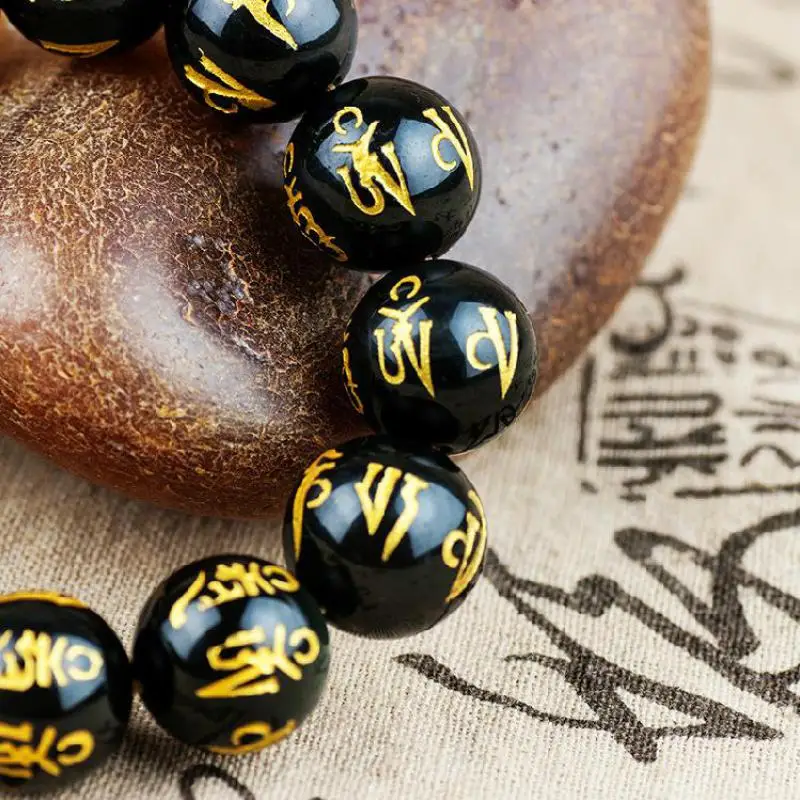 Натуральный черный обсидиан Оникс Камень бисерные браслеты резьба шесть слов