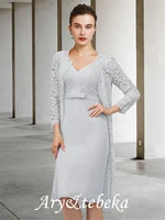two piece sheath column mother of the bride dress elegant v neck knee length chiffon lace long sleeve with bows 2021