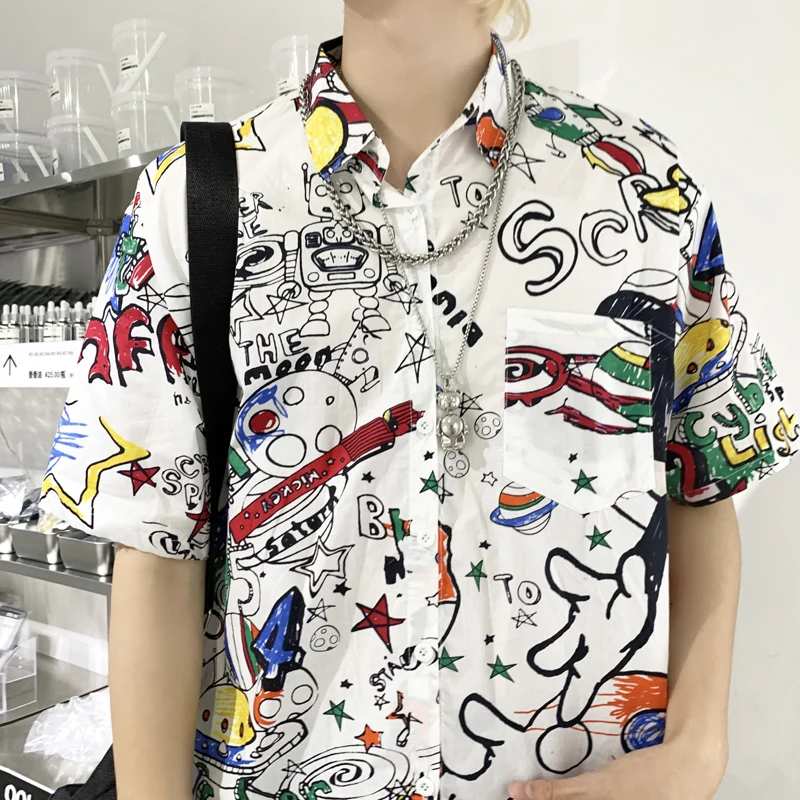 

Summer Shirt Women Streetwear Shirt Cartoon Graffiti Shirt Plus Size Shirt Vintage Loose Short Sleeve Blouse Harajuku Man Shirt