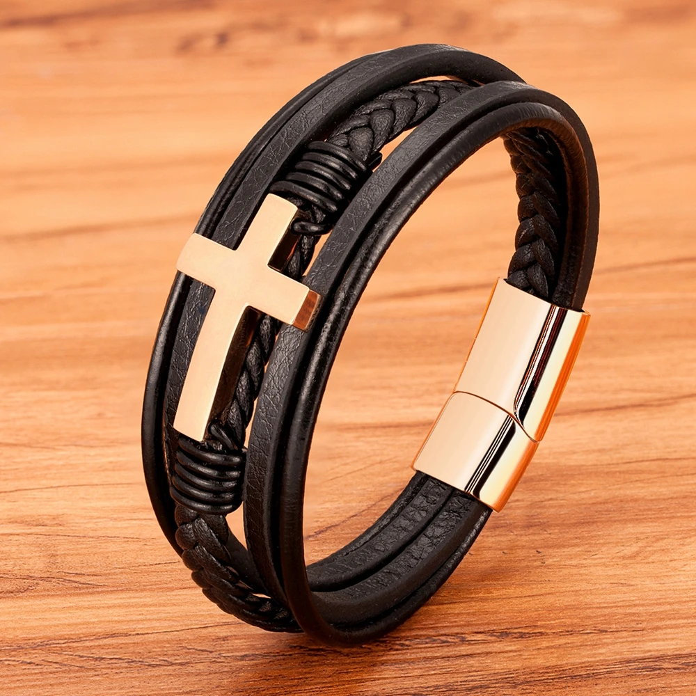 

Classic Style Cross Men Bracelet Multi-Layer Stainless Steel Leather Bangles Magnetic Clasp For Friend Fashion Jewelry Gifts