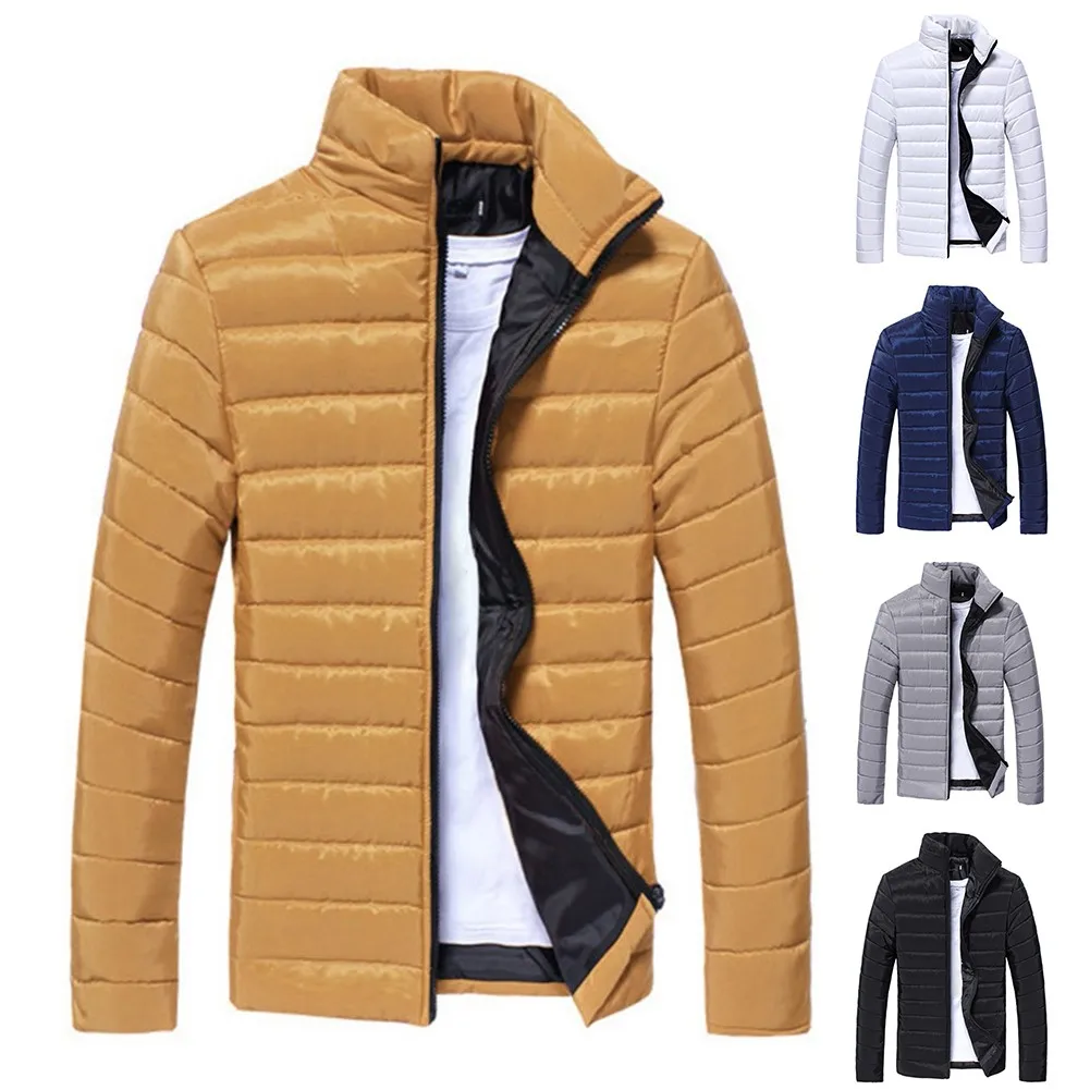

2021 Hot Men Warm Hooded Coat Autumn Winter Light Down Jacket Stand Collar Zip Outwear Lightweight Youth Slim Windproof Parkas