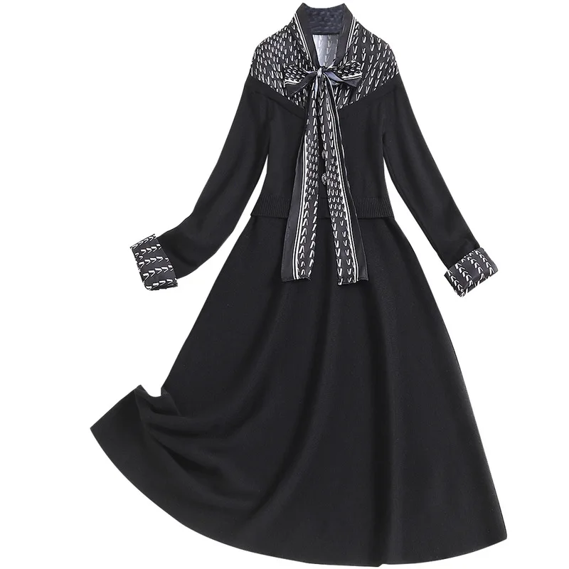 

2021 Spring Knitted Dress V Neck Lace Up Bow Print Fashion Lady Patched Geometric Patterns Women Long Skirt