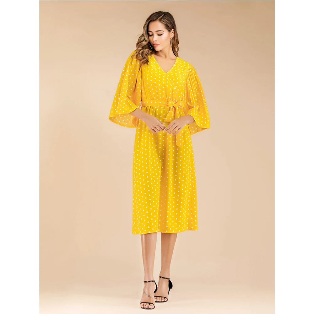 Женское винтажное длинное платье в горошек желтое элегантное облегающее