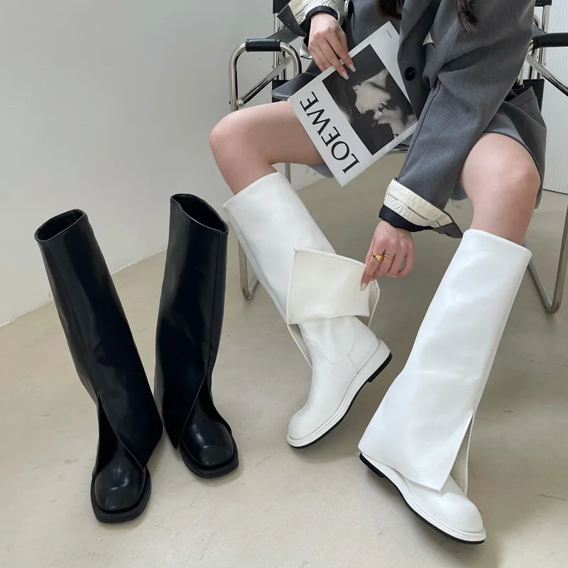 

Женские сапоги до бедра, черные или белые сапоги Челси на массивном высоком каблуке, в западном стиле, новинка 2022, 2022