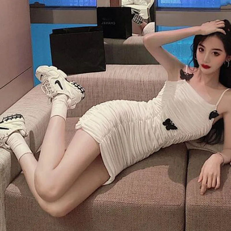 

Hot Sexy Women Dresses Solid Color Slash Neck Spaghetti Strap Short Mini Pleated Korean Dresses Slim Fit Dress Woman