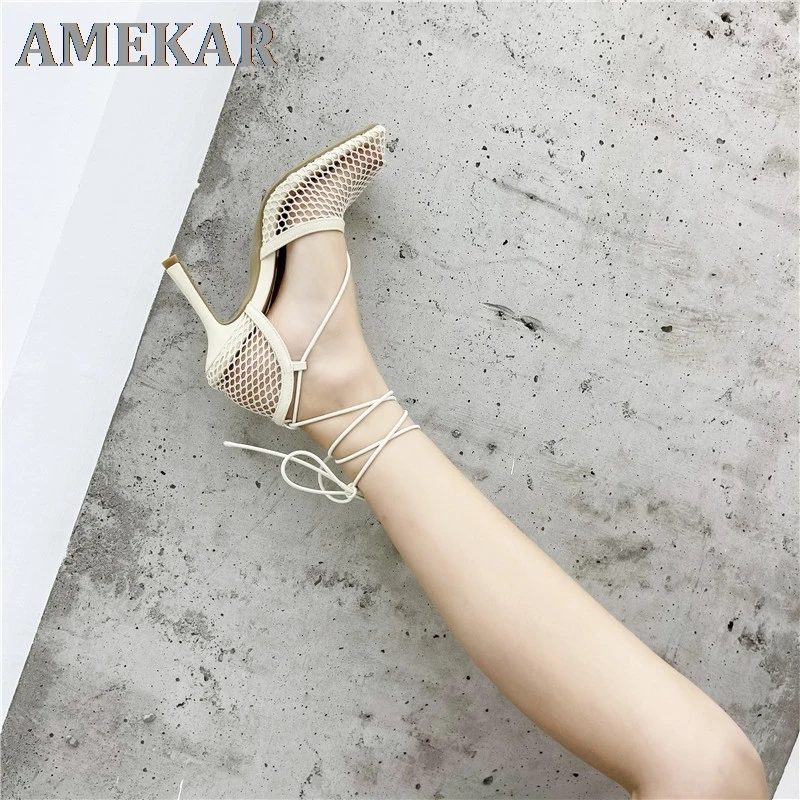 

2021 New Sexy Yellow Mesh Pumps Sandals Female Square Toe high heel Lace Up Cross-tied Stiletto hollow Dress shoes