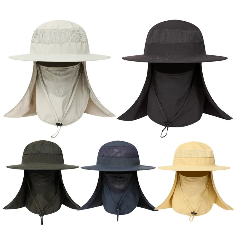 

2020 New Unisex UV Protection Wide Brim Fishing Hat Removable Neck Face Flap Men Women Outdoor Fishing Camping Solid Sun Caps