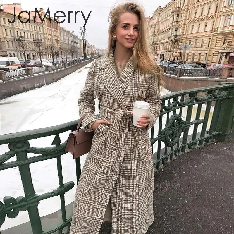 JaMerry элегантное клетчатое Женское пальто с поясом на пуговицах женское длинное