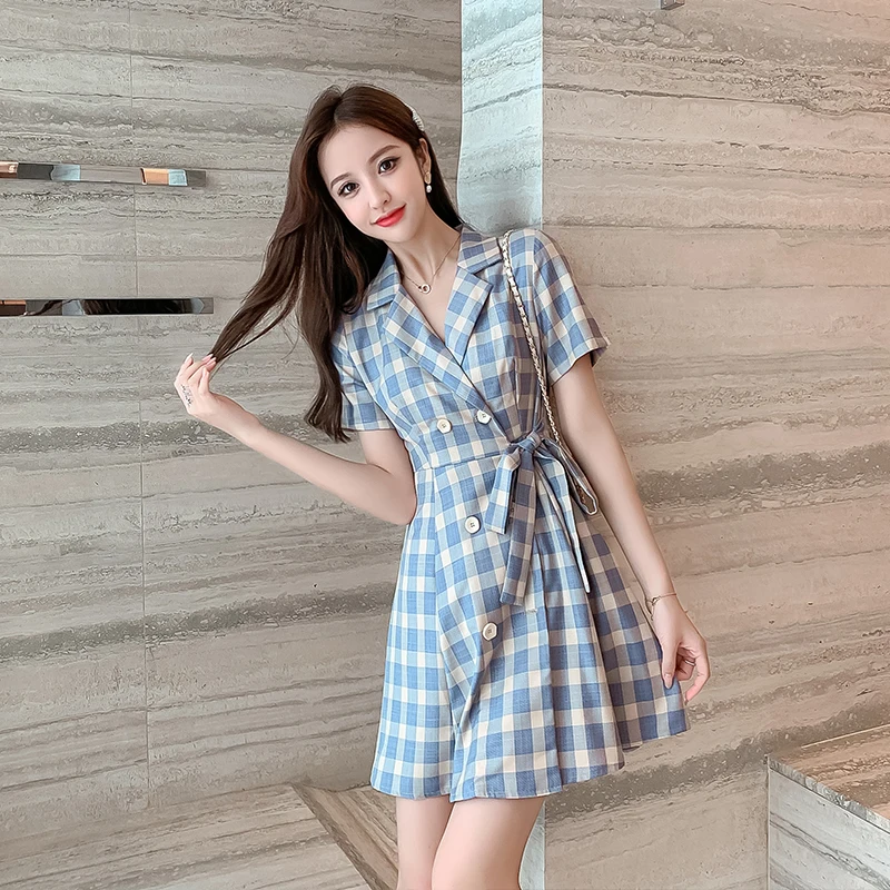 

COIGARSAM Fashion Short Sleeve Women dress New Summer Plaid Dresses 5510