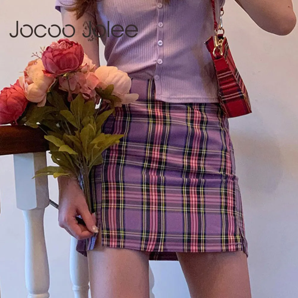 

Jolee Jocoo 2021 Women Summer Korean Sexy Retro Plaid Y2K Sweet High Waist Mini Skirt A-Line Zipper Preppy Style Party Club