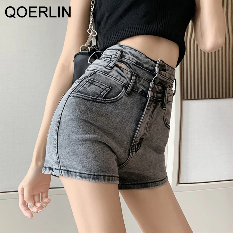

QOERLIN Vintage High Waist Slim Denim Shorts Women Fashion Double-waist Sexy Side Hollow Out Zipper Fly Mini Jeans Plus Size