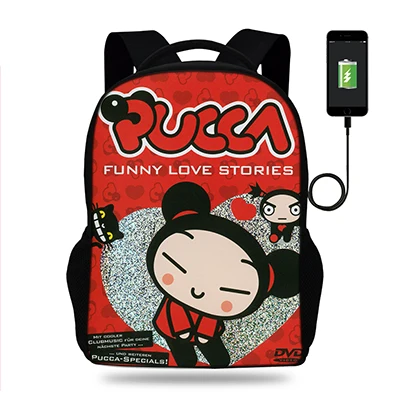 17 дюймов Pucca печати рюкзак для женщин USB порт рюкзаки для подростков девочек школьные сумки ноутбук повседневные Рюкзаки