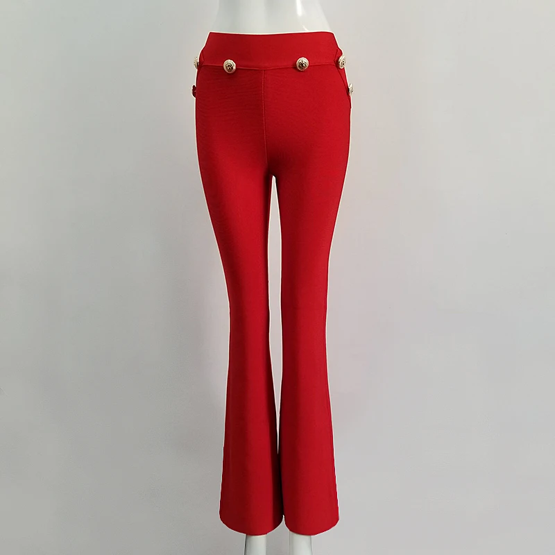 

Sale 3 Colors Women Sexy Button Black White Red Bandage Flare Pants Designer Knitted Full Length Trousers Pants