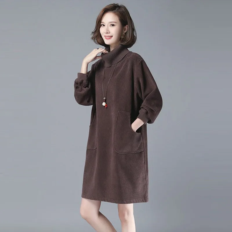 

Plus Size Corduroy Dresses Women Autumn Winter Casual Dresses New 2020 Korean Style Turtleneck Female Knee-length Dress P1219