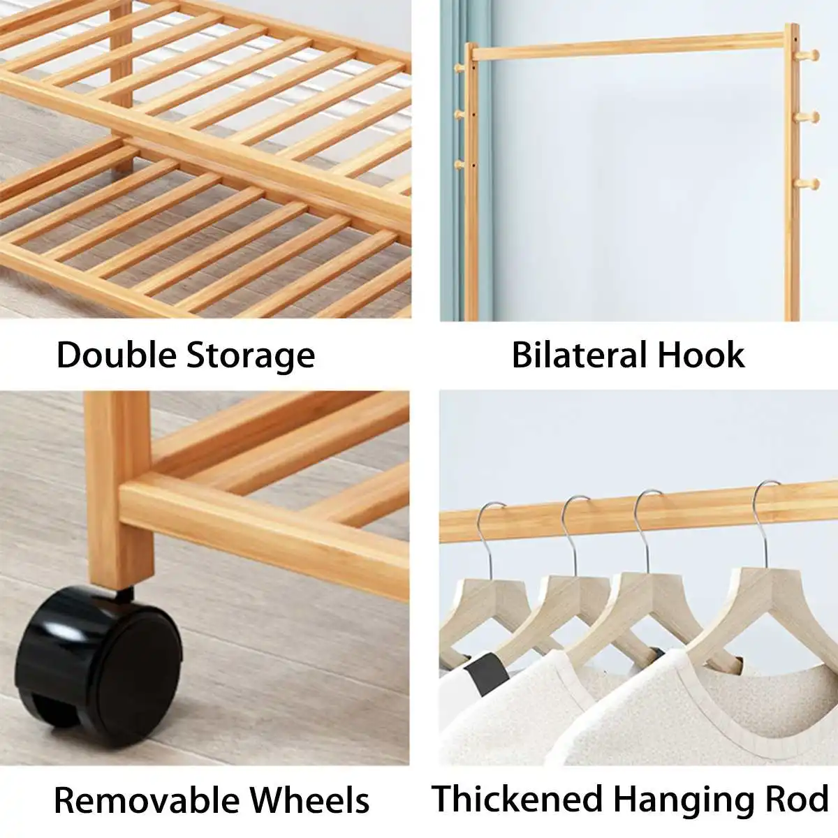 

Removable Coat Rack Bamboo Floor Shelf Stand with Wheels Multifunction Storage Rack Organizer Garment Clothes Home Holder Shelf