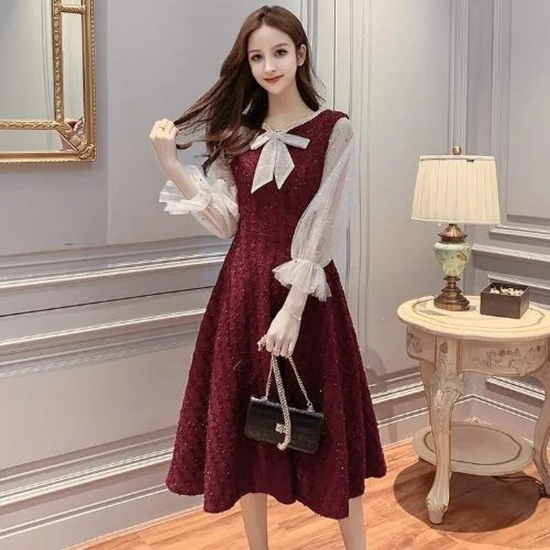 

2021 Spring Autumn Women Korean Style Stitching Mesh Sequins Long-sleeved Dress Bottoming Mid-calf Dresses Plus Size 4XL Y620