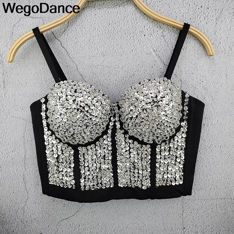 

Sexy Bright Beading Sequins Nightclub Push Up Bralette Bra Cropped Wear Out Corset Tops Female Camis Crop Clothes