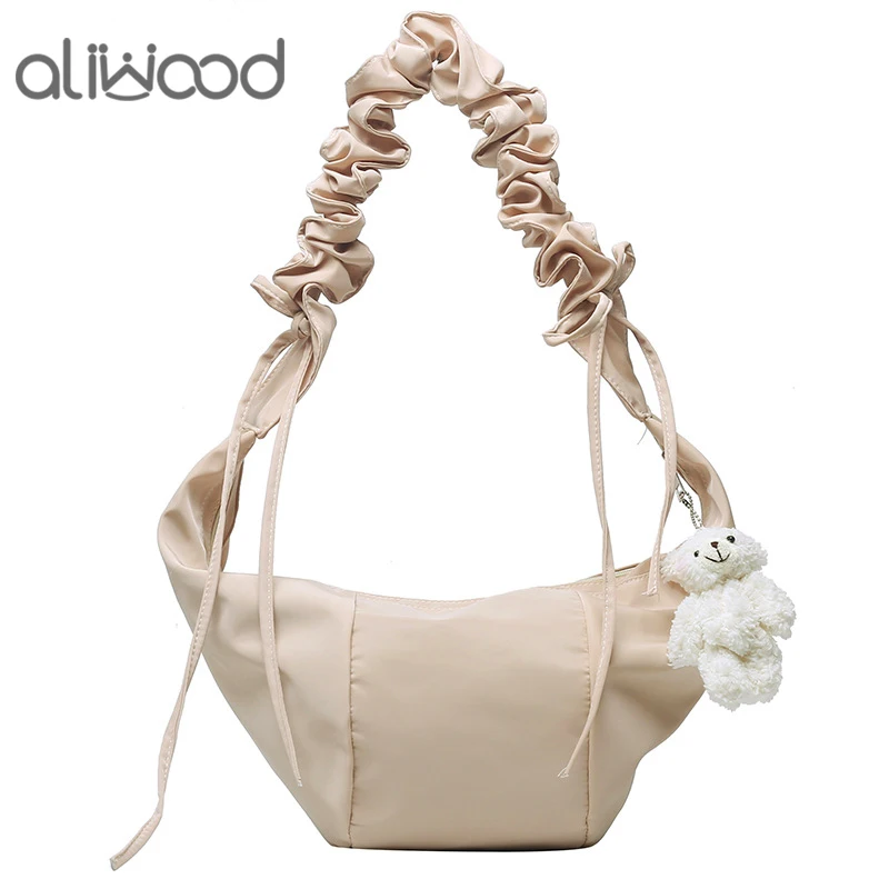 

aliwood Fashion Small Fresh Art Women's bag Drawstring Hobos Shoulder Bags Ruffle Nylon Tassel Female Crossbody Bags Handbags