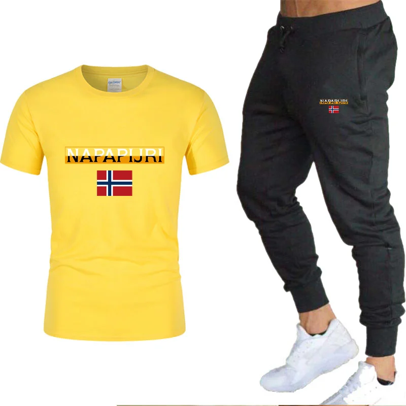 

New fashion trendy brand solid color cotton printed round neck T-shirt and trousers two-piece suit men's casual sports suit
