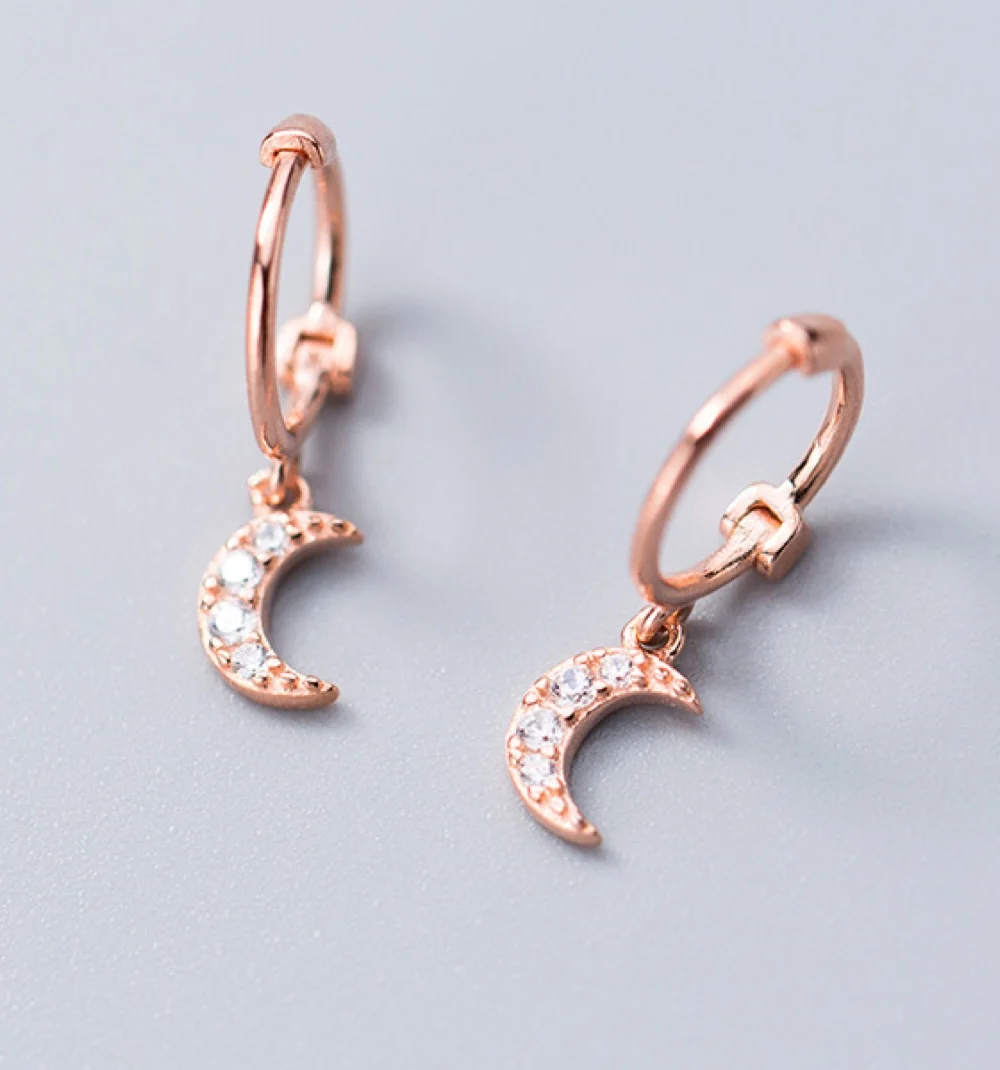 Hoop earrings korean for women 925 sterling silver clear CZ tiny Gold Moon Fine Jewelry wedding gifts | Украшения и аксессуары