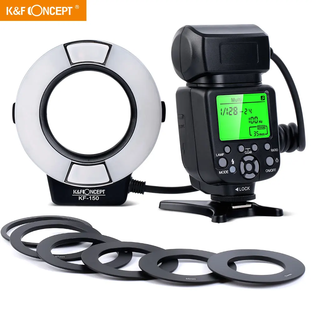 K & F Concept Marco Кольцевая вспышка для Canon EOS Rebel и камеры Nikon FUJI с адаптером 52 55 58 62 77 мм