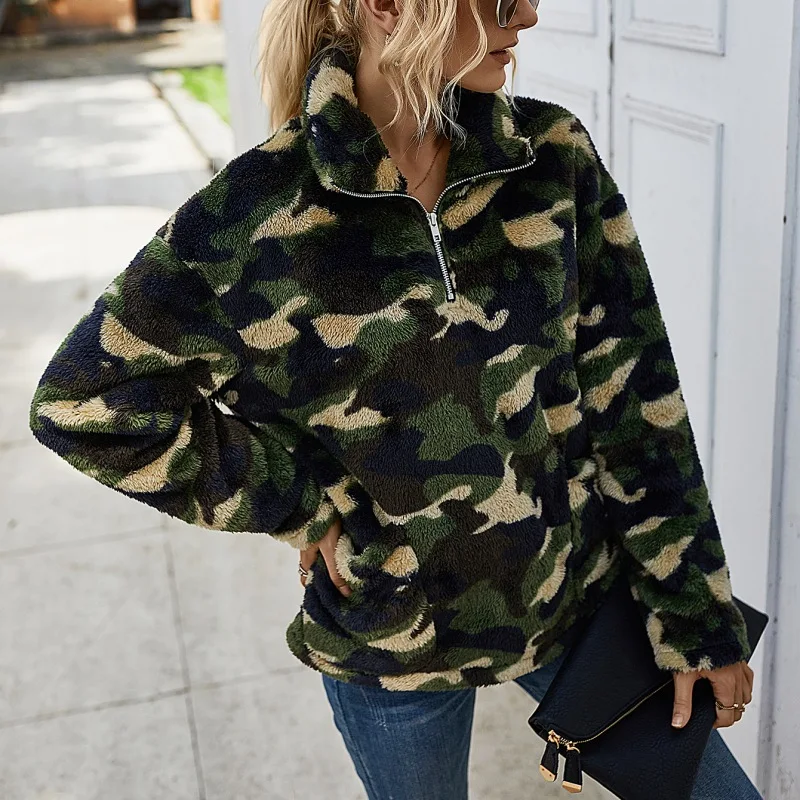 

Women Winter Clothes Lapel Coat Plush Sweatshirt Ladies Red Plaid Jacket Camouflage With Pocket Turn Down Collar Female Clothes