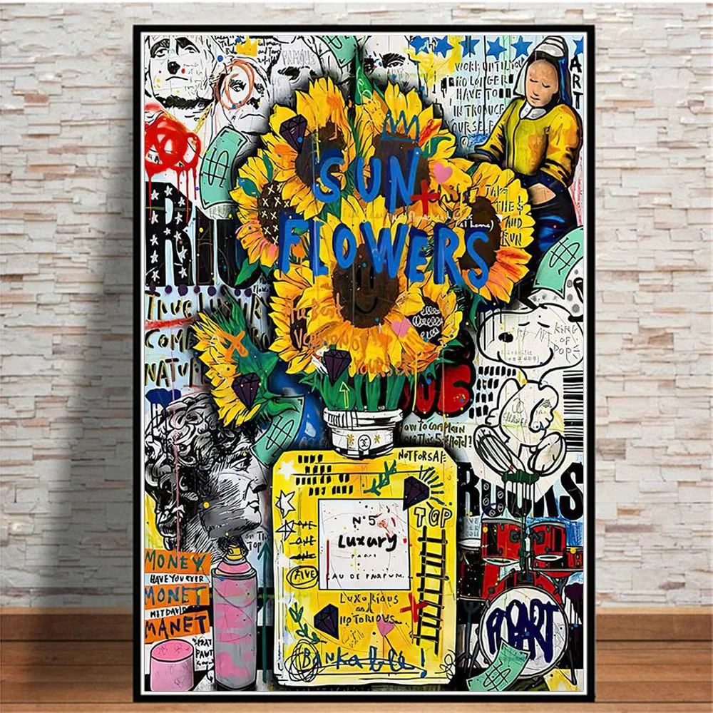 

Graffiti Sunflower Perfume Bottle Luxury Posters And Prints Abstract Street Art Canvas Wall Pop Painting For Living Room Cuadros