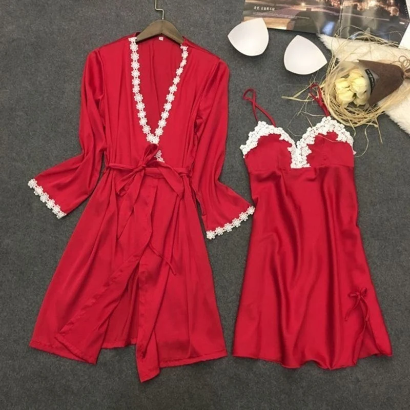 

Sexy Robe Nightdress Sleepwear Two Piece Women Long Sleeve Silk Sleepwear Autumn Spring Nightgown Set Temptation